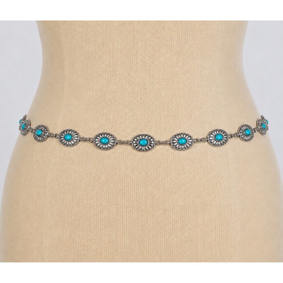 Vintage Womens Concho Chain Belt Silver Turquoise Filigree Western Boho XL